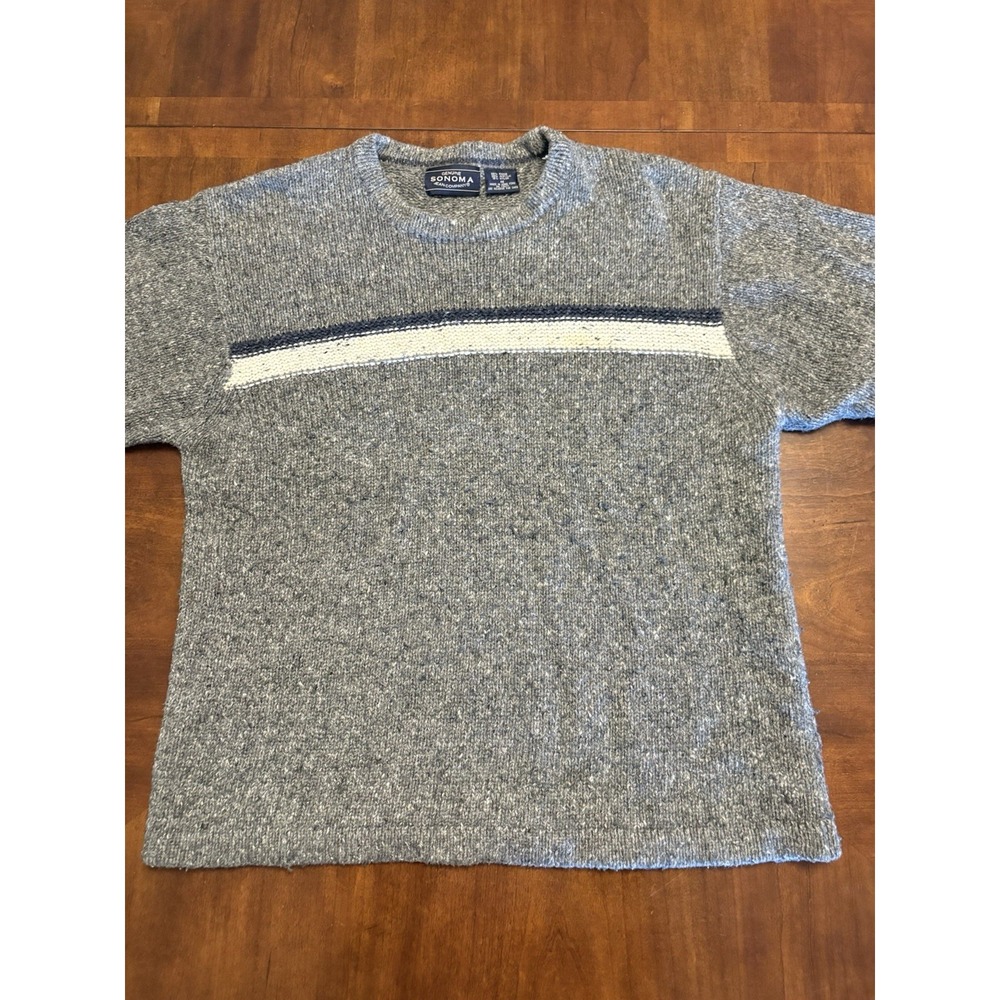 Sonoma Sweater Men M Gray Vintage Striped Chunky Knit Pullover Crew Neck
